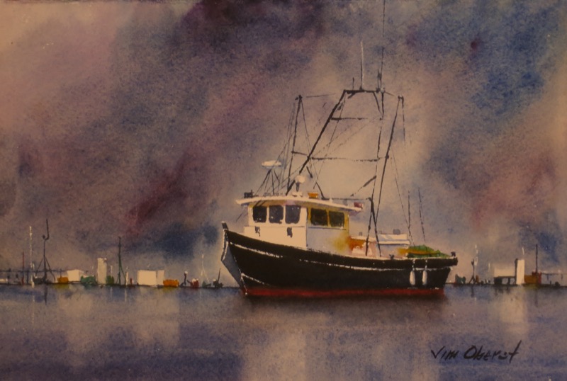 seascape, boat, fishing, sea, harbor, night, dark, original watercolor painting, oberst